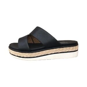 Franco Sarto Taraja 2 Strap Platform Faux Black Leather Espadrille Sandal Jute